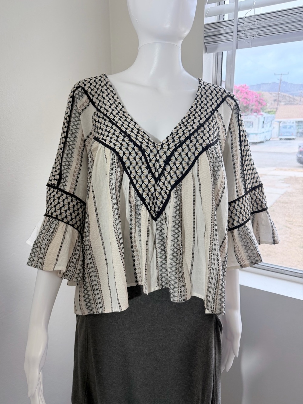 Free People Ivory and Black Patterned Peasant Blouse - Picture 3 of 10